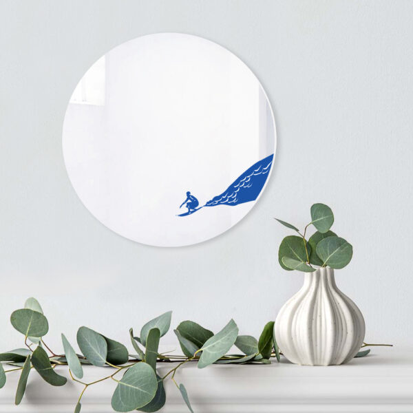 Surfing, specchio decorativo tondo, blu, per gli uomini amanti del surf, regalo personalizzabile con nomi, date e dediche | BiCA Good Morning Design